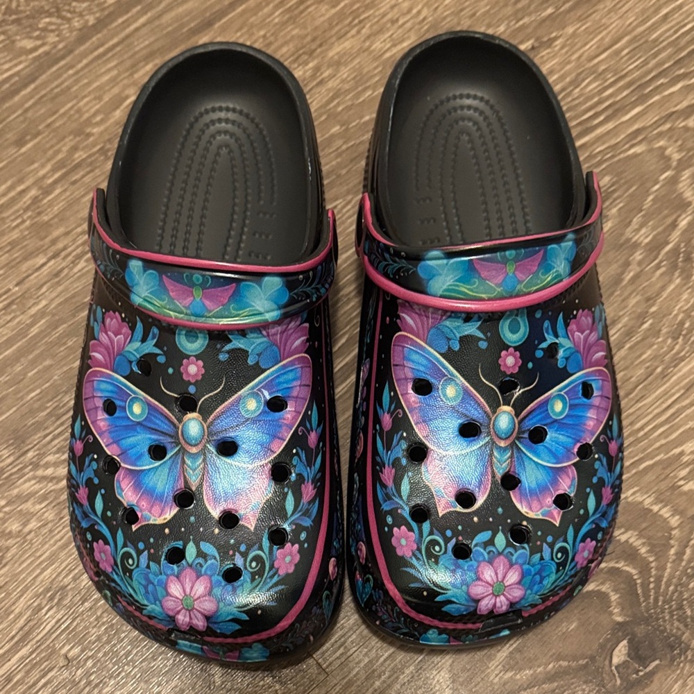 Black Butterfly Garden Clog Sandals with Blue & Pink Accents